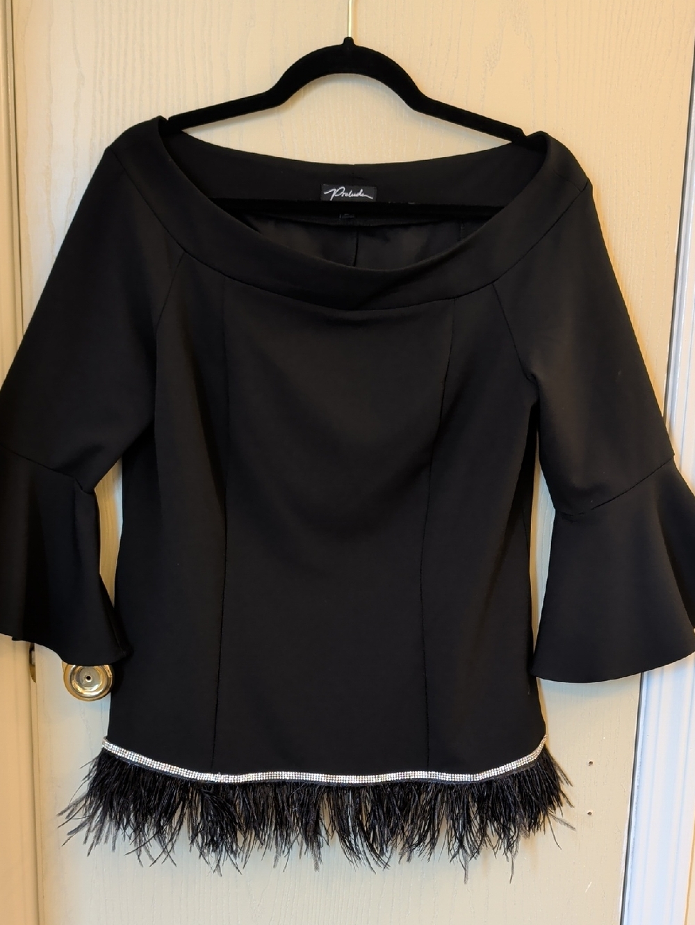 Prelude Black Off-Shoulder Bell Sleeve Feather Hem Top Size M Rhinestone Detail